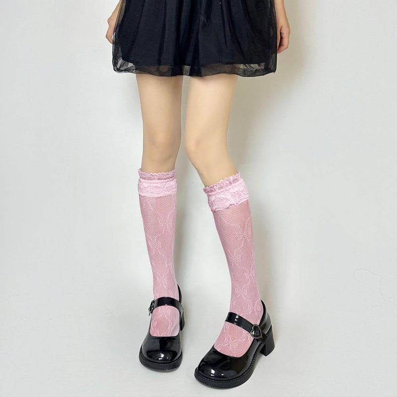 Benefeet Sox Lace Fishnet Knee High Socks Women Girls Ruffle Mesh Knee Highs Lolita Socks Fishnet Stockings - Image 3